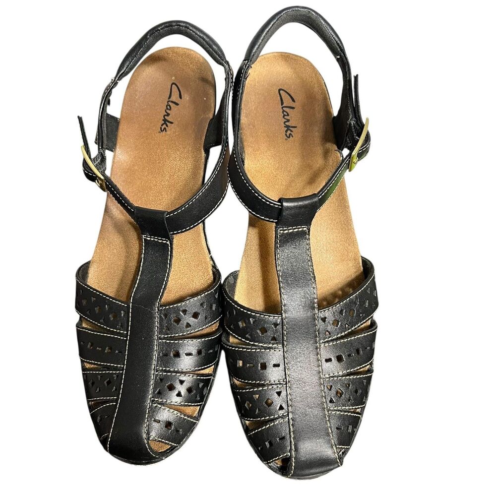 Clarks Sandals Womens Size 9 Black Leather T-Strap Slingback Low Wedge 26095E108 - Picture 4 of 14